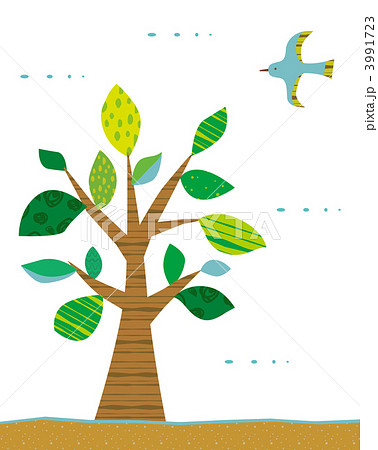 木 小鳥 緑色 動物 かわいいのイラスト素材