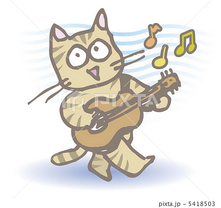 猫 歌う 弾き語り アコースティックギターのイラスト素材