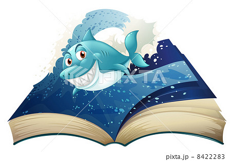 A Book With A Smiling Blue Shark And Wavesのイラスト素材