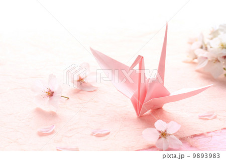 鶴 桜 折鶴 折り紙の写真素材
