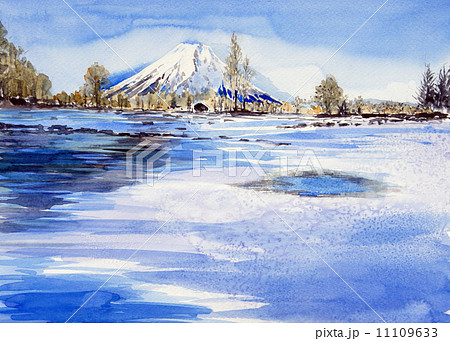 水彩画 透明水彩 風景画 忍野八海のイラスト素材 - PIXTA