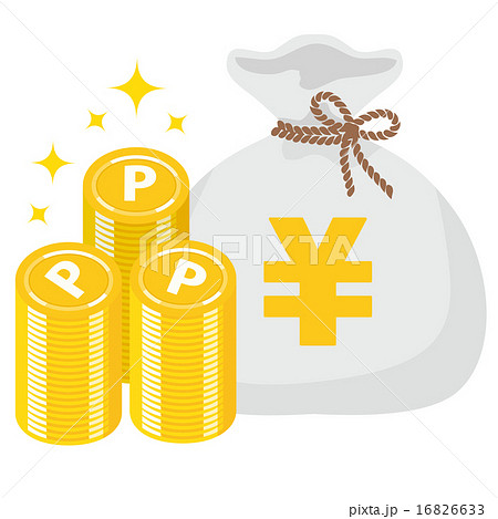 ポイントコインの山と マークのお金の袋 グレーのイラスト素材
