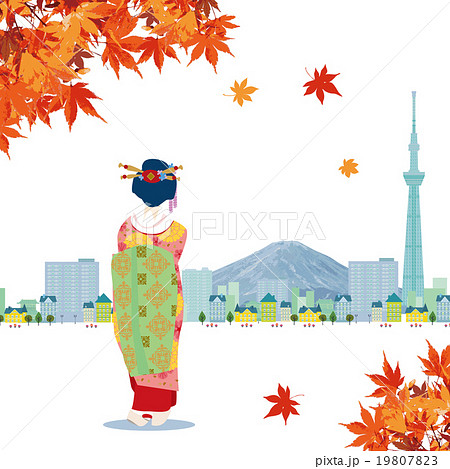 女性 着物 紅葉 秋のイラスト素材 Pixta