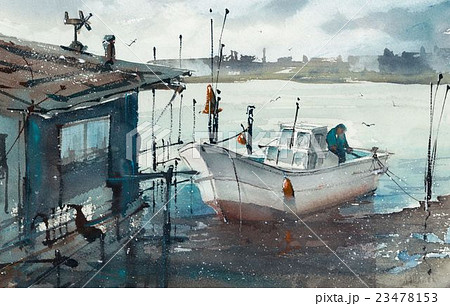 風景 船 水彩画 漁船の写真素材 - PIXTA