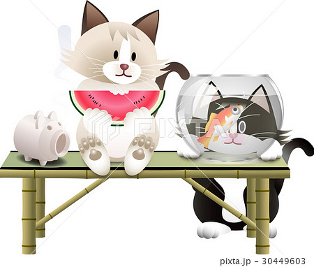 金魚 子猫 金魚鉢 猫のイラスト素材