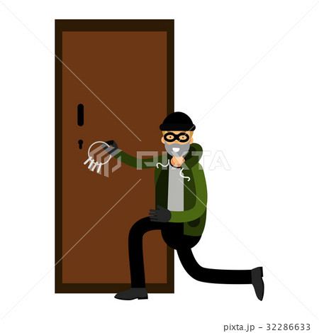 Professional Burglar Character Breaks The Doorのイラスト素材