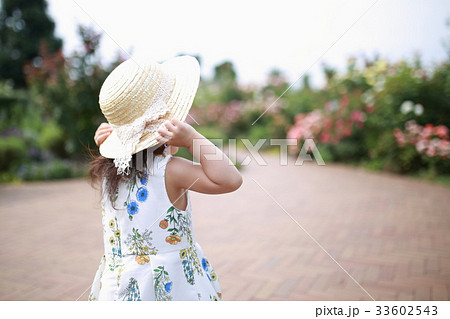 真夏 後姿 麦わら帽子 女の子の写真素材