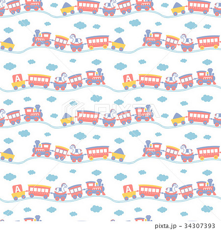 Seamless Pattern With Cute Toy Trains のイラスト素材 34307393