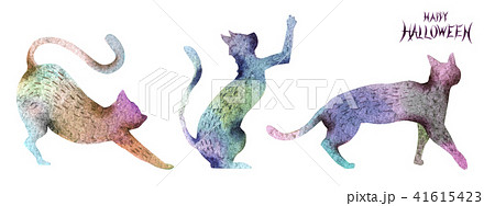 ハロウィン 猫 シルエット 水彩のイラスト素材