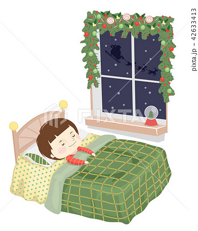 クリスマス 寝る 子供 ベッドのイラスト素材