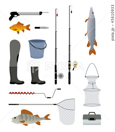 Doodle Fishing rod with fishing line and fish on a hook. Equipment