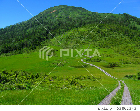 湿原に伸びる木道と山(尾瀬・燧ヶ岳)