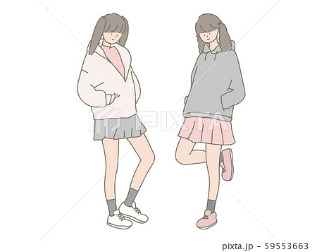 女の子 友達 双子コーデ ファッションのイラスト素材