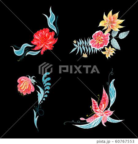 植物 花柄 ハイビスカス プルメリア シルエットのイラスト素材