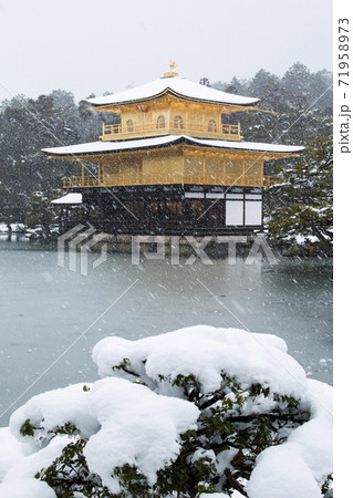 雪景色 金閣寺 舎利殿 雪の写真素材