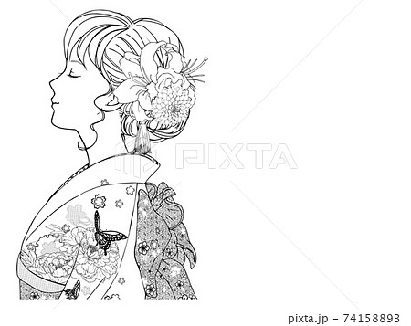 女性 横顔 着物 和服のイラスト素材