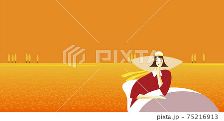 女性 イラスト 頬杖 ポーズの写真素材