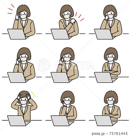 女性 イラスト 頬杖 ポーズの写真素材