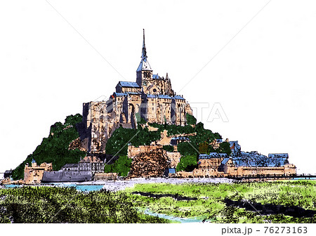 水彩画　モンサンミッシェル　風景画　美術　インテリア　修道院　世界遺産の絵 Amazon.co.jp: 世界遺産 モンサンミシェル 修道院 ポスター Mont