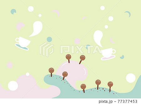 チョコレート ケーキ などお菓子の世界の空に浮かんだティータイム メロウな色調のベクターイラスト のイラスト素材