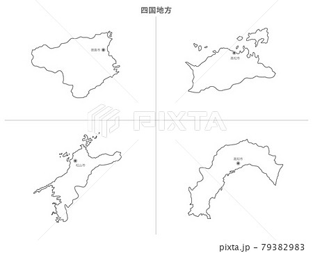 白地図 日本 四国地方 都府県セット 県庁所在地入りのイラスト素材 7939