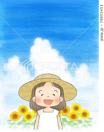ひまわり畑 女の子 向日葵 畑のイラスト素材