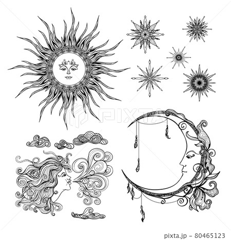 イラスト 三日月 顔 星のイラスト素材