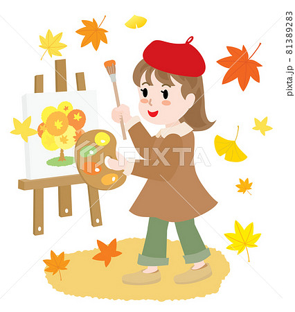 芸術の秋に絵を描く女の子のイラスト素材 8132