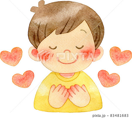 胸に手を当てて目を閉じる男の子(ハート付き)
