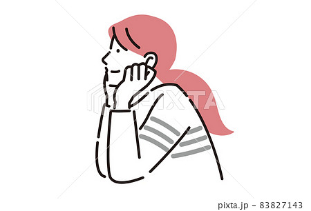 女性 若い 頬杖 微笑むのイラスト素材