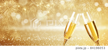 Champagne toast for the New Year's celebration, two glasses, fireworks  background, generative AI Stock Illustration