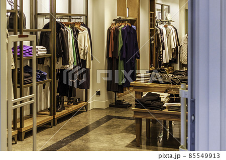 Interior of a brand new fashion clothing store. Panorama, Vilnius