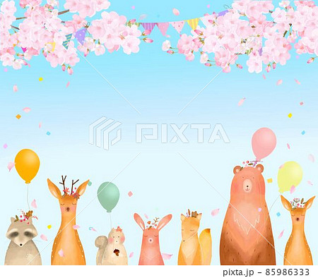 桜 春 動物 フレームのイラスト素材