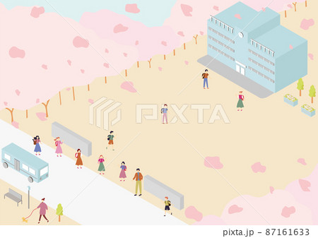 春 校庭 桜 学校のイラスト素材