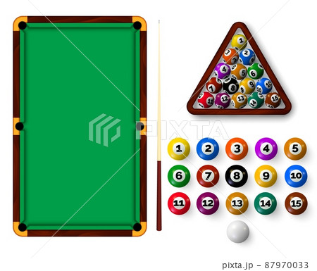 Billiard balls and cue ball with cue sticks crossed on green background  Stock Vector by ©jo@raintreestudio.com 193563118