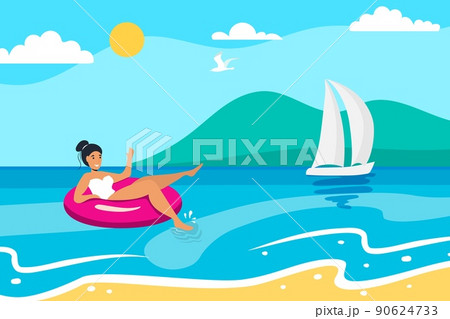 Beautiful young black skin woman in bikini sitting on the beach on