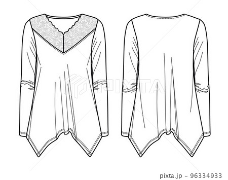 Vector Square Neck Long Sleeved Top Fashion Cad Woman Winter T Shirt  Technical Drawing Top With Cutout Detail Flat Template Sketch Mock Up Jersey  Blouse With Front Back View White Color Stock
