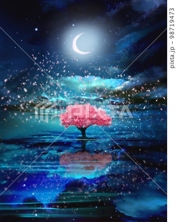 夜空 桜 満月 幻想的の写真素材 - PIXTA