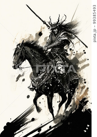 【真作】掛軸　武士と馬の躍動感ある墨彩画　戦国の風景　力強き武士の姿　Q161 真作】掛軸 武士と馬の躍動感ある墨彩画 戦国の風景 力強き武士