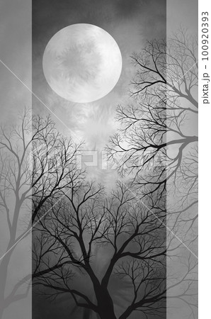 月 木 満月 水墨画の写真素材 - PIXTA
