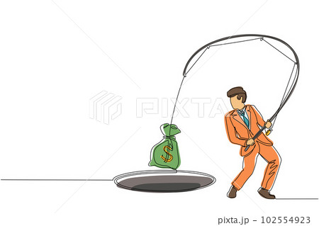 Single one line drawing hand with fishing pole and money bag