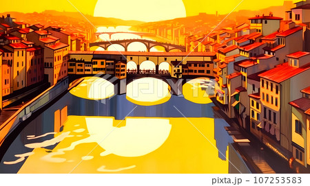 水彩画原画　フィレンツェの街 水彩画原画 フィレンツェの街 夕映えのイタリア・フィレンツェの
