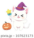 魔女の帽子をかぶった白猫とハロウィンのカボチャ①のイラスト素材