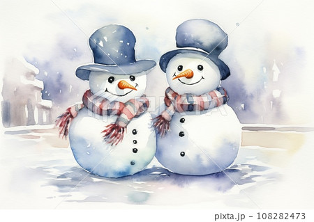 雪だるま 水彩 雪 水彩画のイラスト素材 - PIXTA