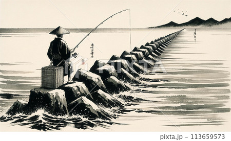 水墨画 山水風景 釣り人 水墨画 山水風景 釣り人