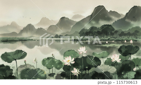 スイレン 水墨画 花 睡蓮の写真素材 - PIXTA