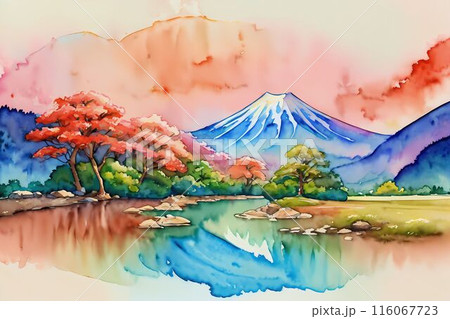 富士山 水彩画 山 風景の写真素材 - PIXTA