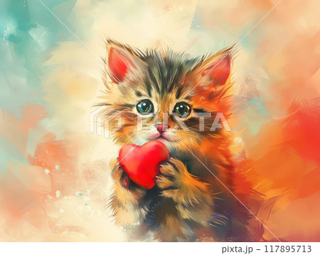手描き水彩画 猫の親子 絵画 手描き水彩画 ネコの親子 イラスト素材 [ 6425680 ] - フォト