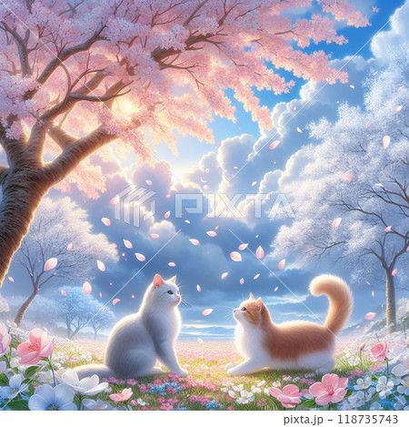 花 動物 猫 桜のイラスト素材 - PIXTA
