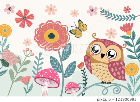 ふくろう フクロウ 梟 花のイラスト素材 - PIXTA